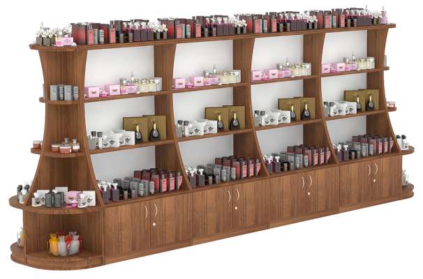 Островной низкий длинный стеллаж для продажи парфюмерии с секторами серии PERFUME №5