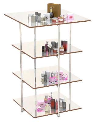 Хромированный стенд для продажи парфюмерии с квадратными зеркальными полками серии PERFUME-EX-04
