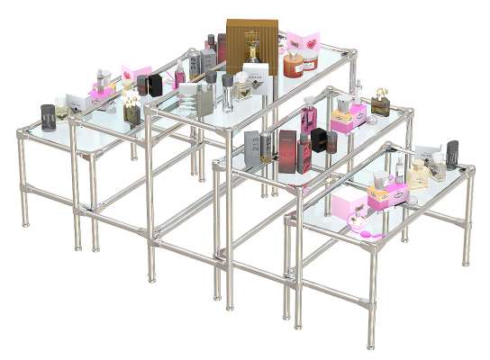 Островной комплект хромированных демо-столов с прозрачными полками стекло 8 мм для продажи парфюмерии серии PERFUME ХДС-PER-D45-02