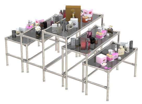 Островной комплект хромированных демо-столов с тонированными полками для продажи парфюмерии серии PERFUME ХДС-PER-D45-03