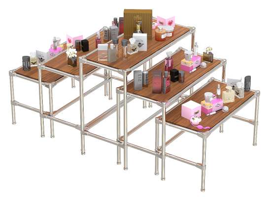 Островной комплект хромированных демо-столов с верхними крышками ДСП 16 мм для продажи парфюмерии серии PERFUME ХДС-PER-D45-04