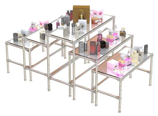 Островной комплект хромированных демо-столов с зеркальными верхними полками для продажи парфюмерии серии PERFUME ХДС-PER-D45-05