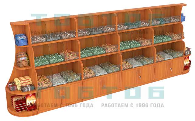 Пристенный длинный низкий стеллаж для продажи конфет и орехов с секторами серии NUT №4