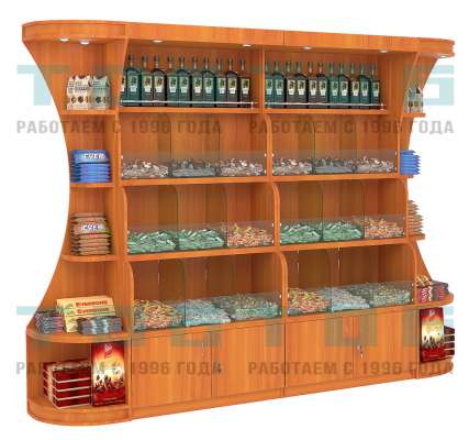Пристенный высокий стеллаж для продажи конфет с подсветкой и накопителями серии NUT №2