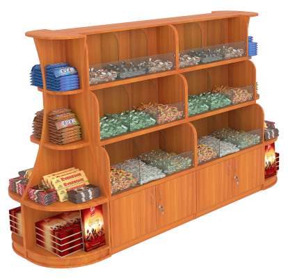 Островной низкий прямоугольный стеллаж для продажи конфет и орехов с накопителями серии NUT №3