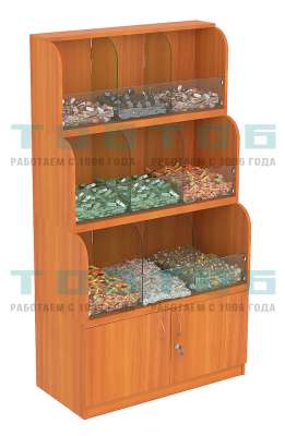 Торговый низкий стеллаж для продажи конфет и орехов с накопителем и распашными дверками NUT №1-Т-25