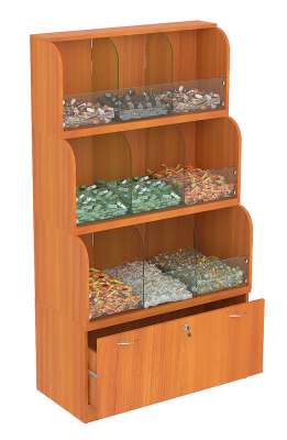 Торговый низкий стеллаж для продажи конфет и орехов с накопителем и большим выдвижным ящиком NUT №1-Т-16