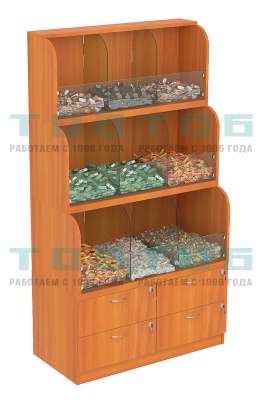 Торговый низкий стеллаж для продажи конфет и орехов с четырьмя выдвижными ящиками NUT №1-Т-19