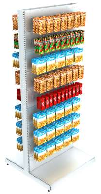 Металлический высокий островной стеллаж с перфорацией для магазина канцелярских товаров серии CLERIC CL-МЕТ-ОС-№4