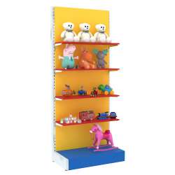 Разноцветные стеллажи с полками ДСП для продажи детской обуви серии KIDS-Shoes