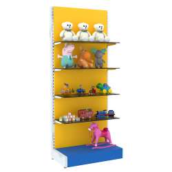 Разноцветные стеллажи со тонированными полками для магазина игрушек серии KIDS