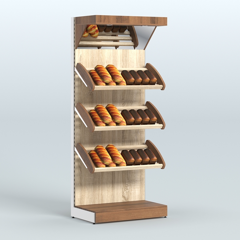 Стеллажи для хлеба с наклонными полками и зеркальным фризом