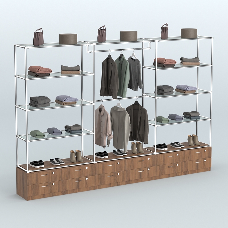 Торговая система ХРОМ без ДСП 3600 мм с тумбами, прозрачными полками и поручнями