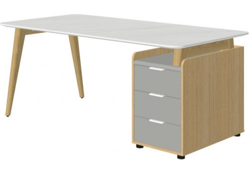 Стол рабочий прямой с опорной тумбой правый, цвет белый мрамор + массив ясеня