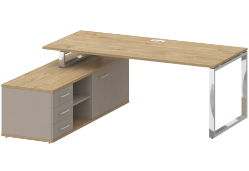 Стол руководителя с опорной греденцией левый, цвет тиквуд светлый + мокко