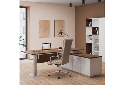 Стол руководителя на опорной тумбе с экраном Римини Т, цвет дуб темный + белый + белый