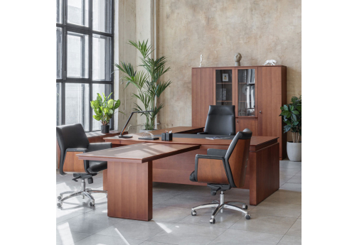 Стол для руководителя закругленный с боковой приставкой и брифинг-приставкой Элвис, цвет орех Италия + черный