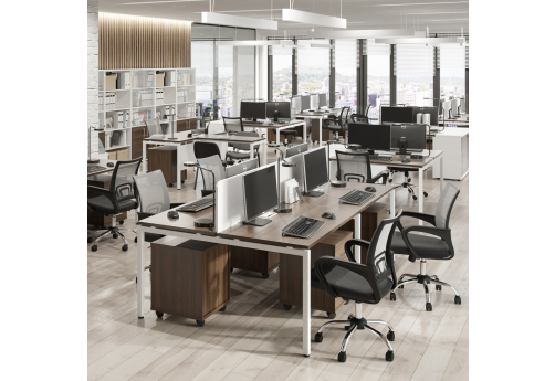 Рабочая станция на 4 человека с экранами Брента, цвет темный дуб + белый