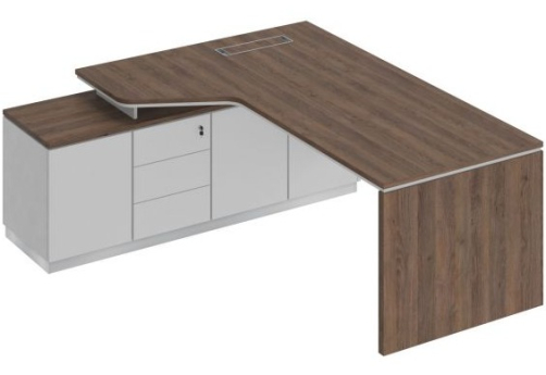 Стол на опорной тумбе эргономичный левый Римини Т, цвет дуб темный + белый + белый