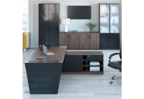 Стол письменный 180 панель - древесная с приставкой Виенсо, цвет дуб + черный
