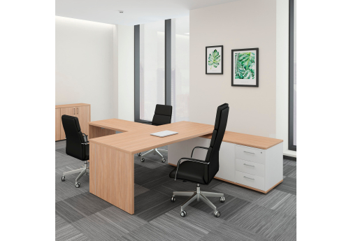 Стол на опорной сервисной тумбе (правый) с брифинг-приставкой Эльберт, цвет светлый дуб + белый