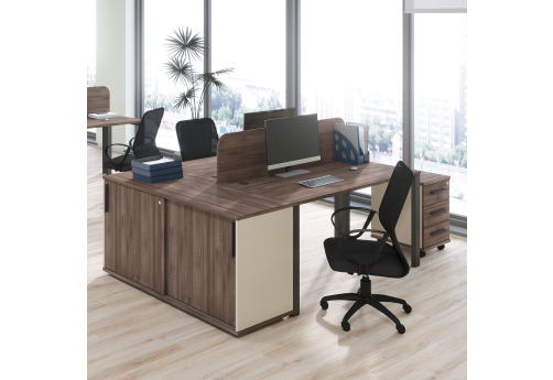 Бенч-система две столешницы с экраном и шкафом-купе Лиани, цвет шамони темный