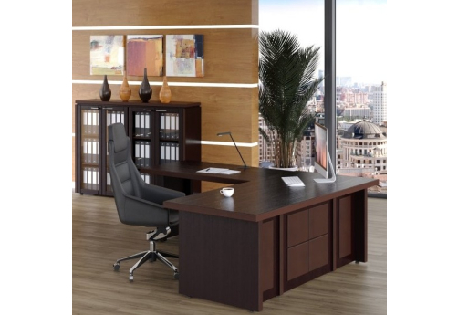 Стол руководителя с боковой приставкой Лион, цвет орех табак