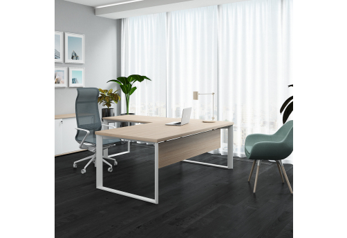 Стол руководителя с лицевой панелью и боковой приставкой Марко, цвет светлый дуб + белый