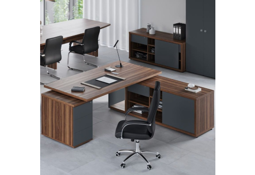 Стол рабочий на опорной креденции и тумбе правый Смарт, цвет орех + антрацит