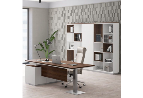 Стол руководителя на опорной тумбе с экраном Римини Т, цвет дуб темный + белый + белый