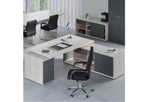 Стол рабочий на опорной греденции и тумбе правый Петра, цвет светлый дуб + антрацит