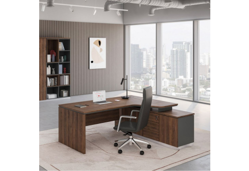 Стол на опорной тумбе правый эргономичный Римини Т, цвет дуб темный + антрацит + дуб темный