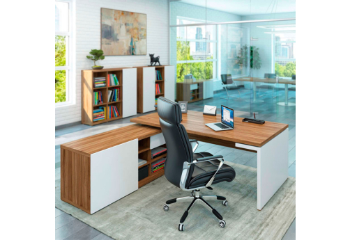 Стол рабочий на опорной креденции левый Смарт, цвет орех + белый
