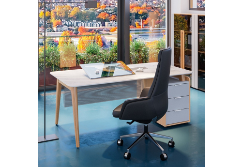 Стол рабочий прямой с опорной тумбой правый Флекс, цвет белый мрамор + массив ясеня