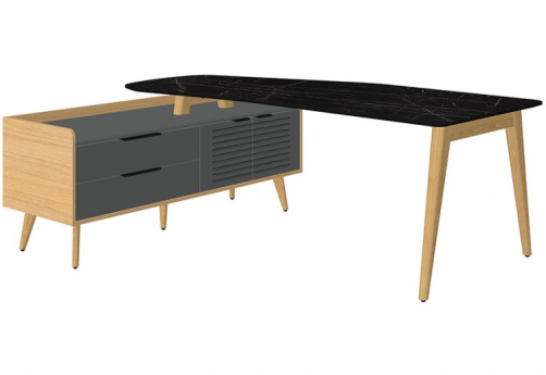 Стол рабочий эргономичный с опорной тумбой левый, цвет черный мрамор + массив ясеня
