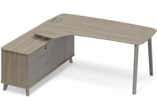 Стoл руководителя левый (тип 4) эргономичный с тумбой опорой Види Металл, цвет вяз + мокко