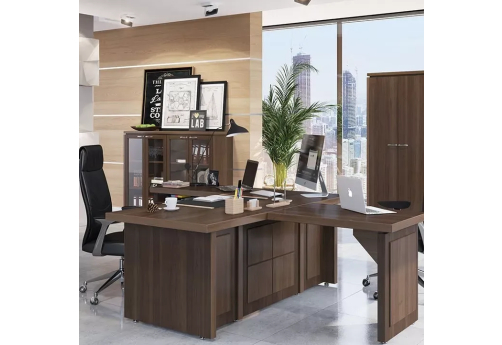 Стол руководителя с брифингом и боковой приставкой Лион, цвет орех табак