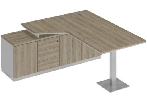Стол эргономичный на опорной тумбе левый Римини Т, цвет дуб светлый + белый + дуб светлый