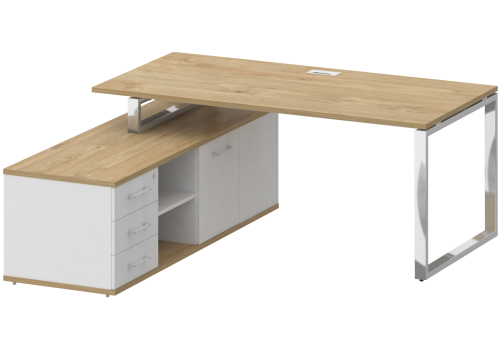 Стол руководителя с опорной греденцией левый, цвет тиквуд светлый + белый