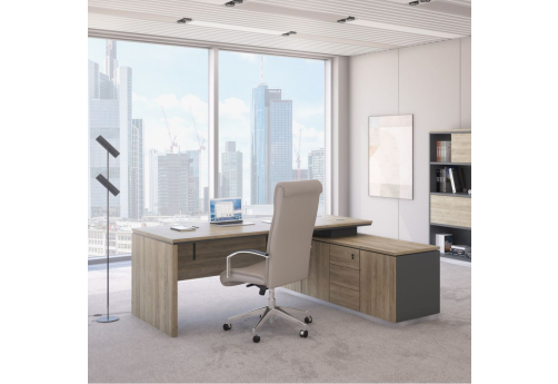 Стол руководителя (опора ДСП) на опорной тумбе Римини Т, цвет дуб светлый + антрацит + дуб светлый