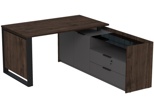 Стол на опорной двусоставной тумбе с ящиками (метабокс) и замком Венди, цвет брауни + графит