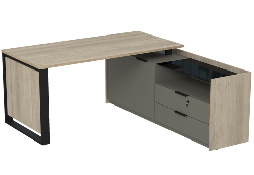 Стол на опорной двусоставной тумбе с ящиками (метабокс) и замком Венди, цвет светлый дуб + терра