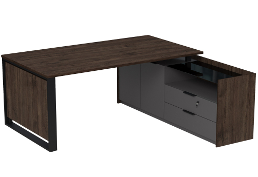 Стол на опорной двусоставной тумбе с ящиками (метабокс) и замком Венди, цвет брауни + графит