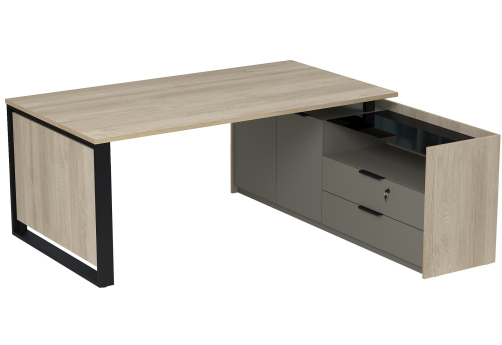 Стол на опорной двусоставной тумбе с ящиками (метабокс) и замком Венди, цвет светлый дуб + терра