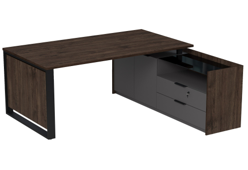 Стол на опорной двусоставной тумбе с ящиками (метабокс) и замком Венди, цвет брауни + графит