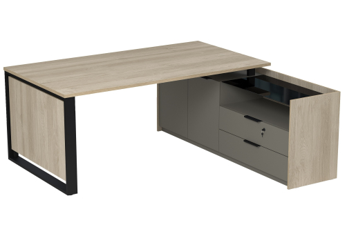 Стол на опорной двусоставной тумбе с ящиками (метабокс) и замком Венди, цвет светлый дуб + терра