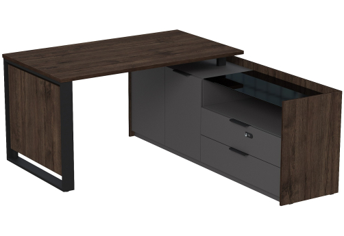 Стол на опорной двусоставной тумбе с ящиками (метабокс) и кодовым замком Венди, цвет брауни + графит