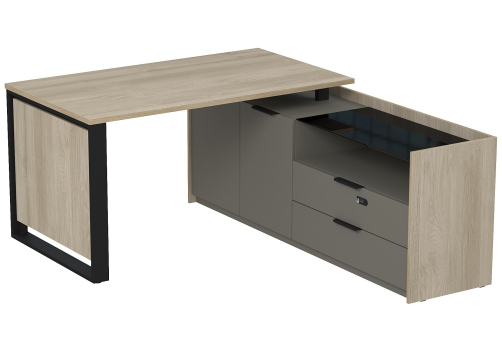 Стол на опорной двусоставной тумбе с ящиками (метабокс) и кодовым замком Венди, цвет светлый дуб + терра