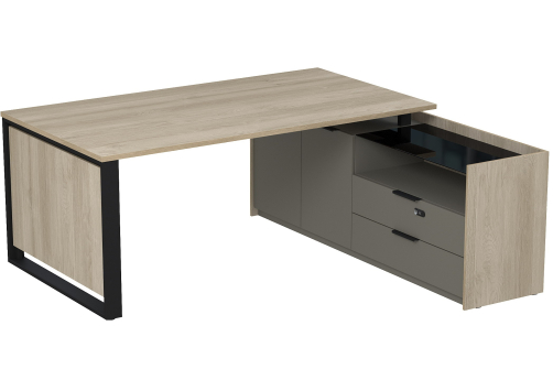 Стол на опорной двусоставной тумбе с ящиками (метабокс) и кодовым замком Венди, цвет светлый дуб + терра