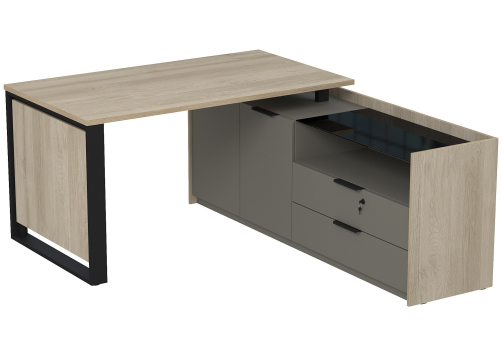 Стол на опорной двусоставной тумбе с ящиками (метабокс) и кодовым замком Венди, цвет светлый дуб + терра